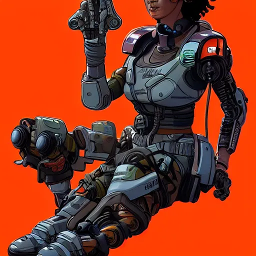 Image similar to cyberpunk mechanic lady with robotic legs. orange and black color scheme. concept art by james gurney and mœbius. apex legends character art
