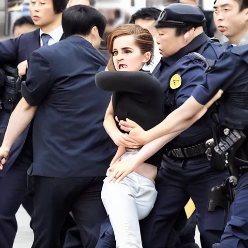 Image similar to angry emma watson putting xi jinping in a headlock as security agents close in