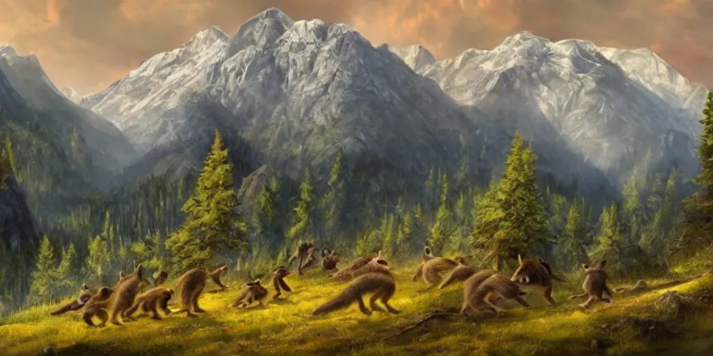 Image similar to A majestic landscape featuring mountains and a forest. A small group of racoons is running from a wild fire. Cinematic, very beautiful, painting in the style of Lord of the rings