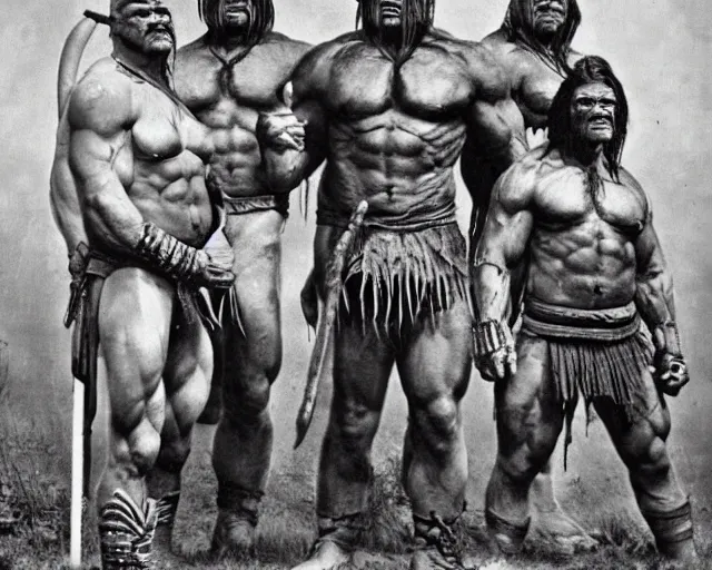 Image similar to hyper realistic group vintage photograph of a warrior orc tribe, tall, muscular, hulk like physique, tribal paint, tribal armor, grain, old