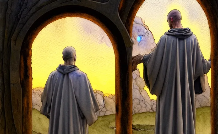 Prompt: a hyperrealist watercolor concept art of a medieval monk in grey robes at sunset looking through a portal to an alien world. very muted colors, by rebecca guay, michael kaluta, charles vess. high detail, hq, wide shot, 4 k