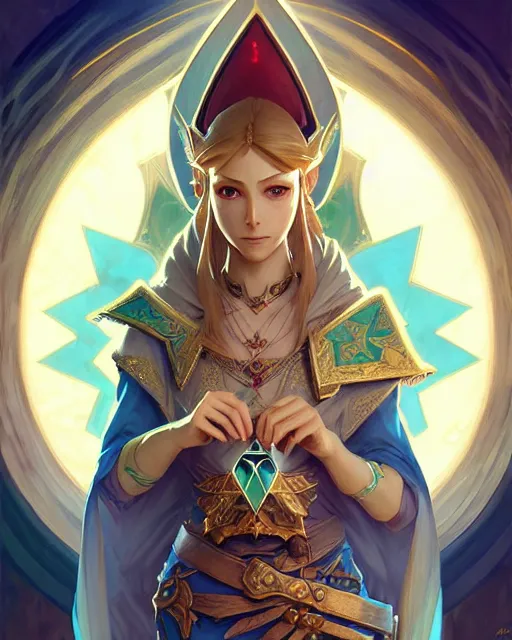 Image similar to zelda with triforce, fantasy, intricate, elegant, highly detailed, digital painting, artstation, concept art, wallpaper, smooth, sharp focus, illustration, art by artgerm and greg rutkowski and alphonse mucha and wlop