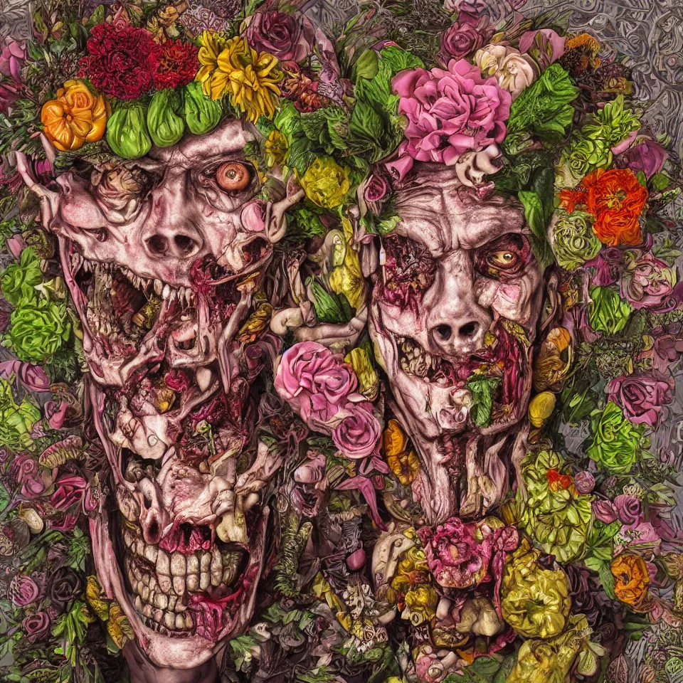 Prompt: hyper-detailed portrait of a zombie punk made out of fruits, vegetables and flowers in the Baroque style of Arcimboldo, cinematic lighting, dull pink background