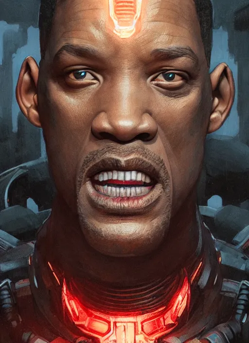 Image similar to will smith as victor stone, full body concept, cyborg, borg, strogg, face of a man, terminator, flesh, quake strogg, doom demon, wolfenstein, monstrous, powerful, symmetry, symmetrical, concept art by ruan jia and greg rutkowski