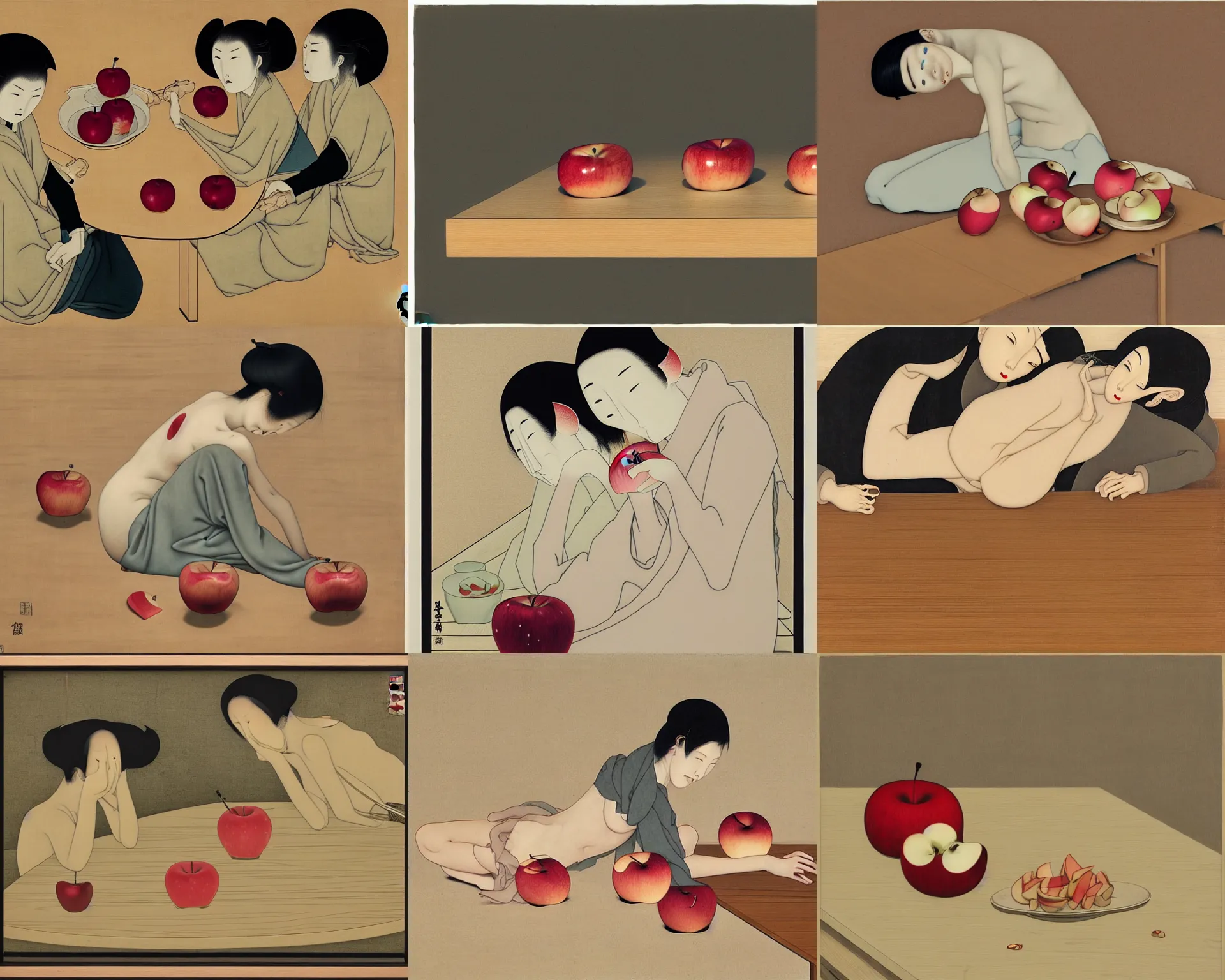 Prompt: Drained apples on a cracked wooden table by Senju Shunga and Hsiao-Ron Cheng and James Jean, pale colors, monotone, calm, balanced