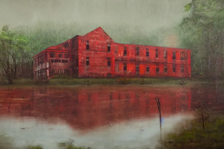 Image similar to A painting of an abadoned building near the river in a forest, it is rainning and the rain is red, oil on canvas, ultra detailed, impressionism, octane rendering