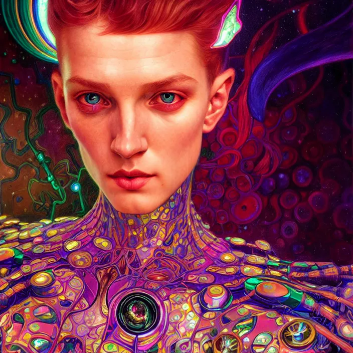 Image similar to bright psychedelic portrait of organic starseed cyborg, diffuse lighting, fantasy, intricate, elegant, highly detailed, lifelike, photorealistic, digital painting, artstation, illustration, concept art, smooth, sharp focus, art by John Collier and Albert Aublet and Krenz Cushart and Artem Demura and Alphonse Mucha