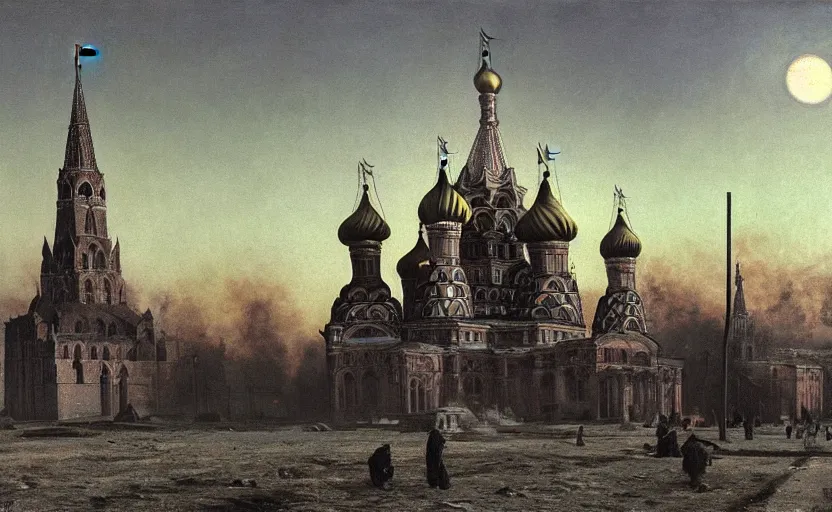 Image similar to a picture in high contrast by vasily vereshchagin of burning!!! st. basil's cathedral ( in smoke ) and ashes by the village, full moon in clouds!, visual art, 8 k resolution, 3 d modelling, hard lighting, masterpiece, vray