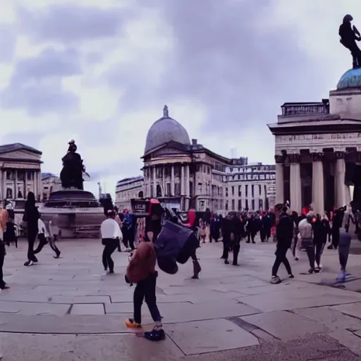 Prompt: trafalgar square being attacked by realistic aliens, capture cam, go pro hero 8 footage, steady cam, shady cam, home footage