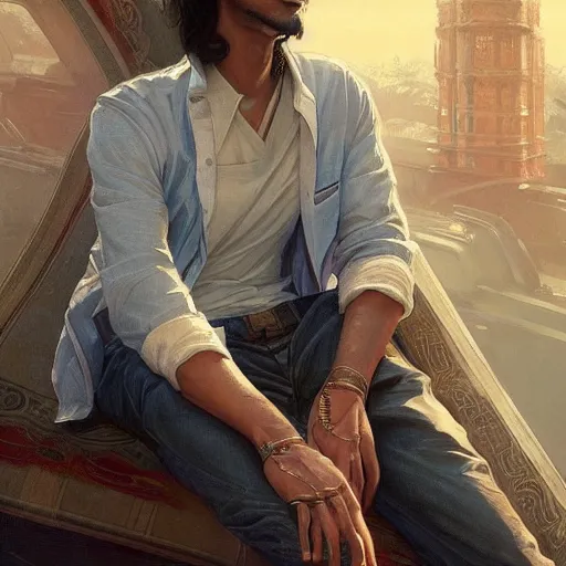 Image similar to Anxious good looking pale young Indian doctors wearing jeans and shirts at the airport, portrait, elegant, intricate, digital painting, artstation, concept art, smooth, sharp focus, illustration, art by artgerm and greg rutkowski and alphonse mucha