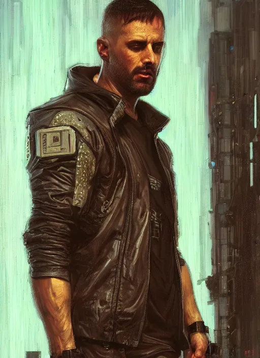 Image similar to dumb meathead. cyberpunk mercenary in a cyberpunk jumpsuit ( blade runner 2 0 4 9, cyberpunk 2 0 7 7 ). orientalist portrait by john william waterhouse and james gurney and theodore ralli and nasreddine dinet, oil on canvas. cinematic, hyper realism, realistic proportions, dramatic lighting, high detail 4 k