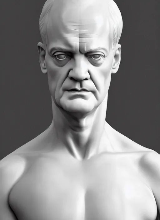 Image similar to a statue made of white marble with gold veins, of kelsey grammer as frasier crane, transhumanism, full body shot, perfect symmetrical body, perfect symmetrical face, hyper realistic, hyper detailed, by johannen voss, by peter kemp, by monia merlo, by michelangelo, octane render, blender, 8 k