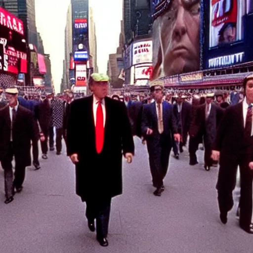 Image similar to still of donald trump clones invading time square, wearing maga hats, in american psycho ( 1 9 9 9 )