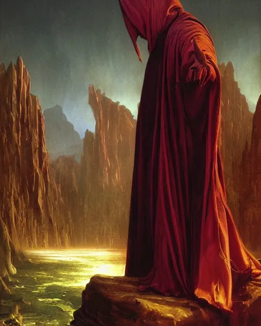 Image similar to A wizard. He has a very menacing expression. he wears robes. Award winning oil painting by Thomas Cole and Wayne Barlowe. Highly detailed