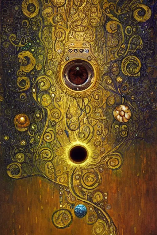 Prompt: The Someday Box by Karol Bak, Jean Deville, Gustav Klimt, and Vincent Van Gogh, mystic eye, otherworldly, elegant donation box, beautiful elaborate jeweled reliquary, tendrils of smoke escaping from the keyhole of a box, spiraling wisps of colorful mist, lightning, fractal structures, arcane, inferno, inscribed runes, infernal relics, ornate gilded medieval icon, third eye, spirals