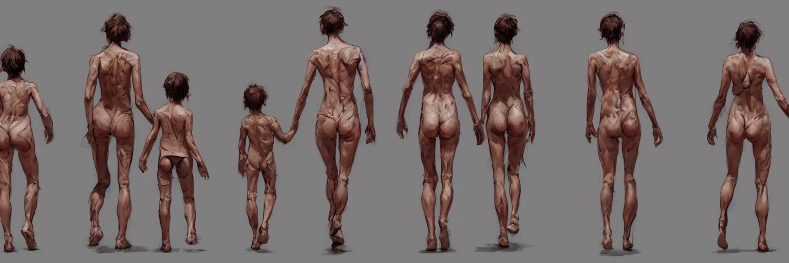 Image similar to family walk cycle, realistic anorexic family walking while wearing a thong, character sheet, fine details, concept design, contrast, kim jung gi, greg rutkowski and francis bacon, trending on artstation, 8 k, full body and head, turnaround, front view, back view, ultra wide angle