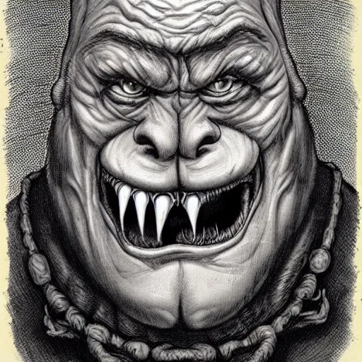 Image similar to grimpunk vile reprobate portrait portrait Cyclops Ogre grimaces with horrible tusks face eye nose septum ring ears Dave Dorman