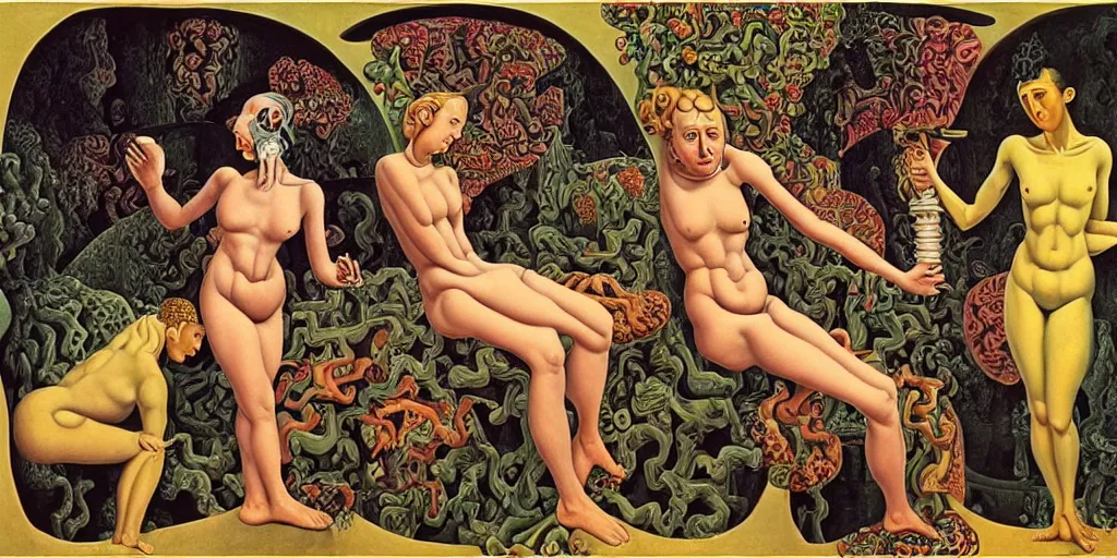 Prompt: the three fates, pain, pleasure, suffering, adventure, love, abstract oil painting by mc escher and salvador dali and raqib shaw