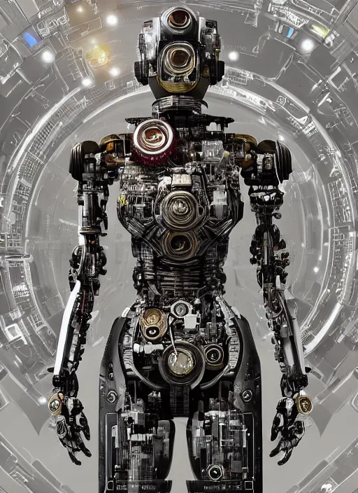 Image similar to photo of a robot made of clock parts, scifi, nebula reflections, stars, professionally color graded, 8 k high definition, insanely detailed, intricate, innocent, art by akihiko yoshida and artgerm