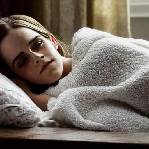 Image similar to emma watson sleeping in a bunch of cozy beds