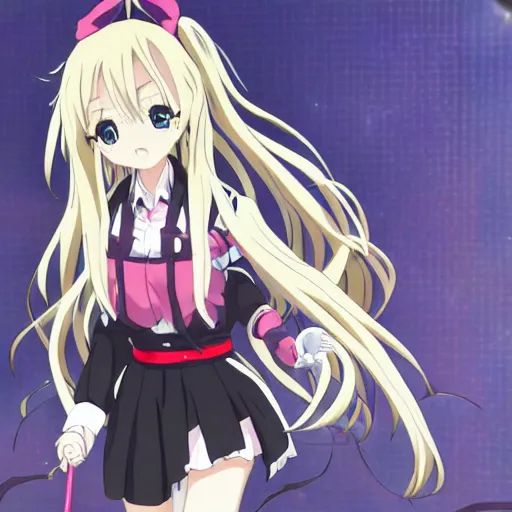 Image similar to key anime visual of a tsundere with blonde hair and twintails; official media