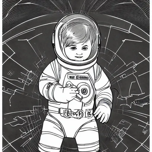 Prompt: clean simple line art of a cute little boy with short straight hair. he is dressed as an astronaut. no background. well composed, clean coloring book page, beautiful detailed face. coloring book line art by artgerm and greg rutkowski and johanna basford and alphonse mucha