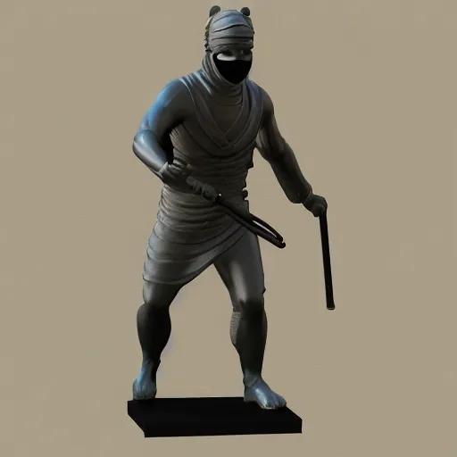 Prompt: 3 d rendering of marble statue of ninja wearing full face mask and hunter hat, combat suit, technological, all marble