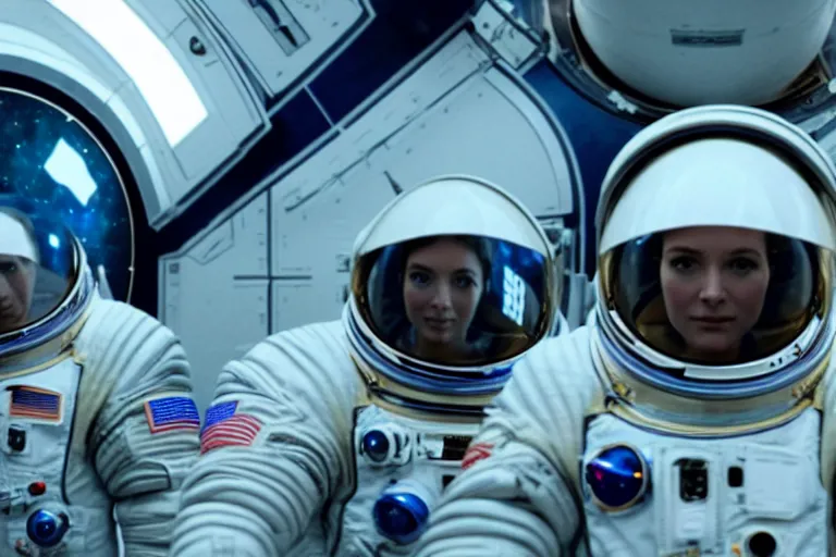 Image similar to film still of closeup beautiful model space tourists, space port by emmanuel lubezki