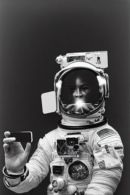 Image similar to extremely detailed studio portrait of space astronaut taking a selfie, holds a smart phone in one hand, phone!! held up to visor, reflection of phone in visor, moon, extreme close shot, soft light, golden glow, award winning photo by james van der zee