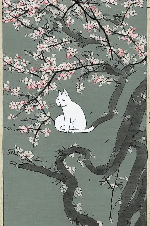 Image similar to white cat in sakura tree in the style of Utagawa Hiroshige, high resolution 4k