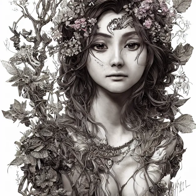 Image similar to the portrait of chaotic good female druid botanist as absurdly beautiful, gorgeous, elegant, young gravure idol, an ultrafine hyperdetailed illustration by kim jung gi, irakli nadar, intricate linework, sharp focus, bright colors, octopath traveler, final fantasy, unreal engine 5 highly rendered, global illumination, radiant light, detailed and intricate environment