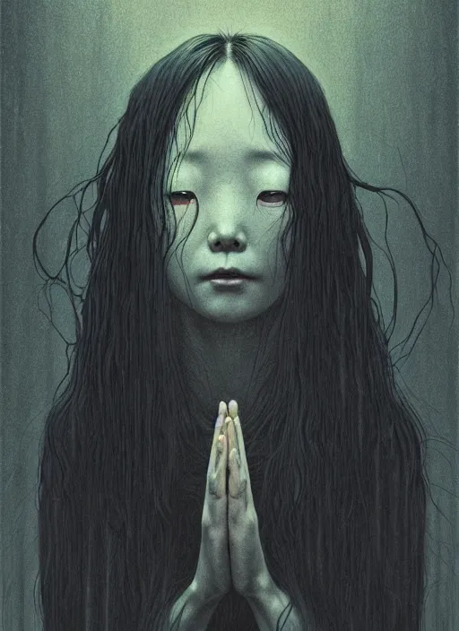 Image similar to portrait of sadako of the ring, desaturated colors, horror lighting, digital art, winning award masterpiece, fantastically eerie, illustration, aestheticly inspired by beksinski and dan mumford, upscale with simon stalenhag work, trending on artstation, art by wlop and greg rutkowski,