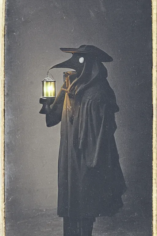 Prompt: 1800s photograph of a plague doctor holding a lantern,