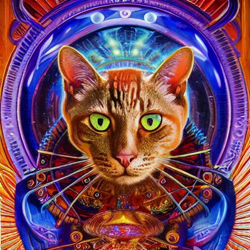 Image similar to highly detailed portrait of a cat shaped psychedelic dmt mecha, painting by gaston bussiere, craig mullins, j. c. leyendecker, lights, art by ernst haeckel, john william godward, hammershøi, alex grey