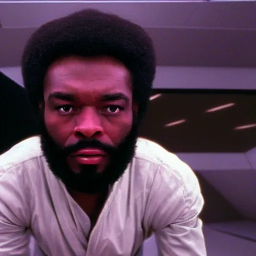 Image similar to film still of a black man with afro hair and raspy beard stubble in 2 0 0 1 a space odyssey