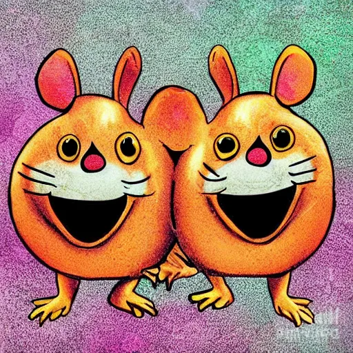 Image similar to two happy mice on a cheddar planet, highly detailed, digital art