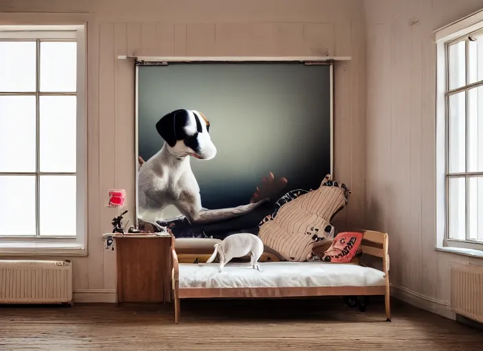 Prompt: photography of a Jack Russel . watching outside the window. on a bed. in a vintage room full of vinyls and posters.,volumetric light, photorealistic,, award winning photo, 100mm, sharp, high res