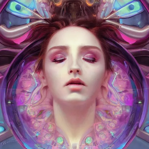 Image similar to dream portrait of a transformer , dreamy and ethereal, expressive pose, big pink eyes, exciting expression, fantasy, intricate, elegant, many rainbow bubbles, rose tones, highly detailed, digital painting, artstation, concept art,cyberpunk wearing, smooth, sharp focus, illustration, art by artgerm and greg rutkowskiand alphonse mucha, Salvador Dali