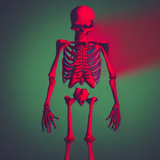 Image similar to A red skeleton infront of a vapourwave background