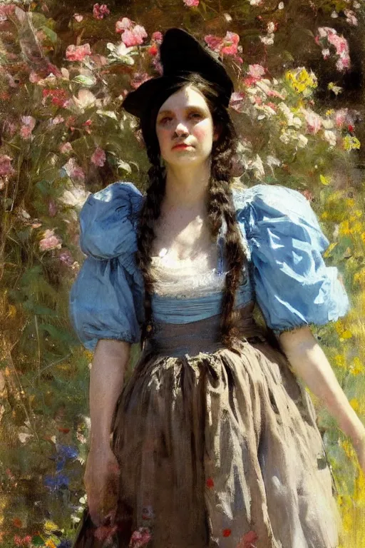 Image similar to Richard Schmid and Jeremy Lipking and Antonio Rotta full length portrait painting of a young beautiful traditonal alice from Alice in Wonderland