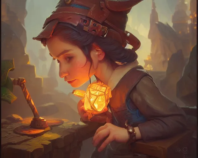 Image similar to little gnome engineer, deep focus, d & d, fantasy, intricate, elegant, highly detailed, digital painting, artstation, concept art, matte, sharp focus, illustration, hearthstone, art by artgerm and greg rutkowski and alphonse mucha