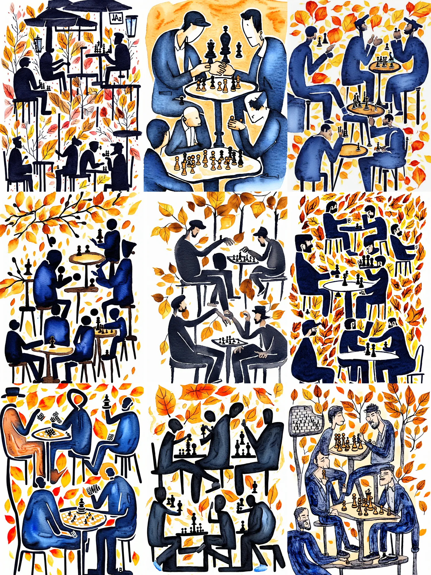 Prompt: Ink and watercolor illustration of !2 men! sitting outside a café in the dark, the last of the autumn leaves swirling around them, !men playing chess!, one man resting his head in his palm, the other man reaching for a chess piece, by Luci Power