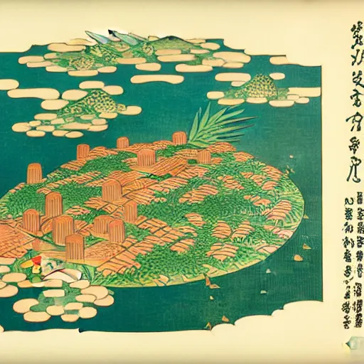 Image similar to 3d isometric botanical illustration of a small city in an island surrounded by water, diego rivera in Ukiyo-e style, HD