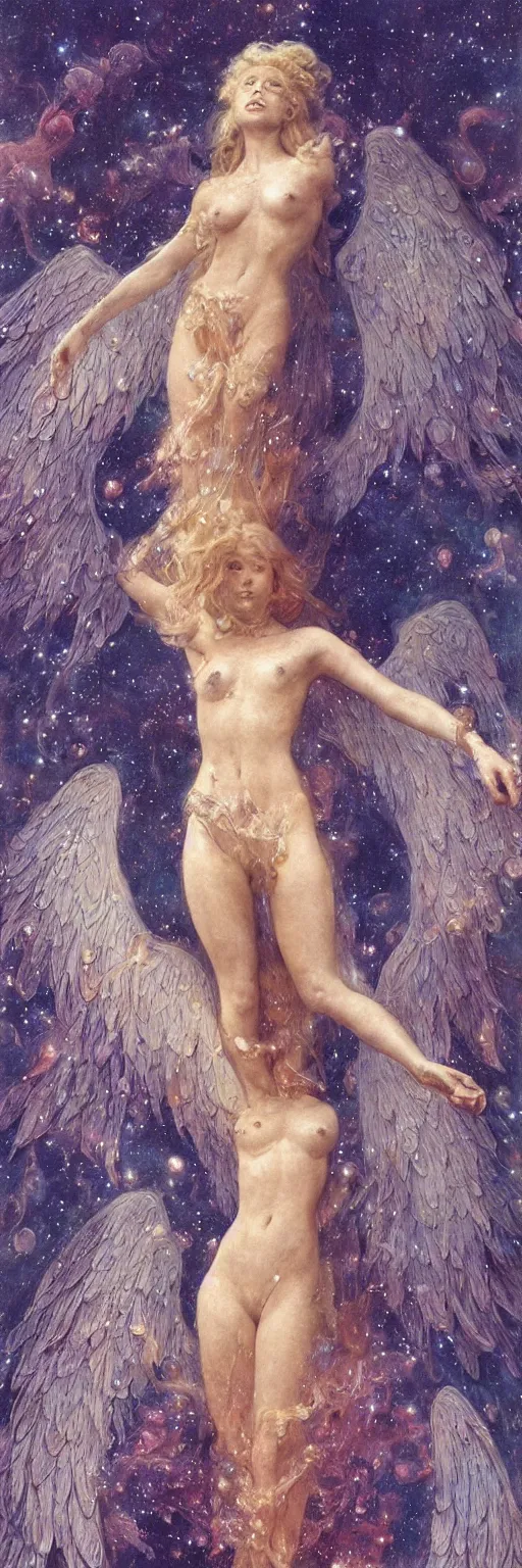 Prompt: pixel sorting of a beautiful blonde angel girl floating in space, by wayne barlowe, by gustav moreau, by goward, by gaston bussiere, by roberto ferri, by santiago caruso, by luis ricardo falero, by austin osman spare, by saturno butto