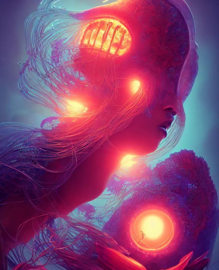 Image similar to goddess close-up portrait. orchid jellyfish phoenix head, nautilus, skull, betta fish, bioluminiscent creatures, intricate artwork by Tooth Wu and wlop and beeple. octane render, trending on artstation, greg rutkowski very coherent symmetrical artwork. cinematic, hyper realism, high detail, octane render, 8k