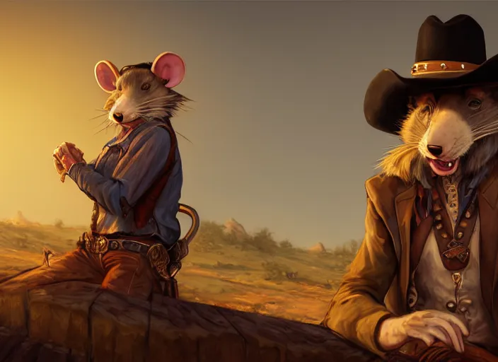 Image similar to character portrait feature of the anthro male anthropomorphic rat fursona wearing cowboy outfit wild west desperado sitting in an old monte carlo, a man whose heart is hollow, character design stylized by charlie bowater, ross tran, artgerm, makoto shinkai, detailed, soft lighting, rendered in octane