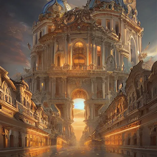 Prompt: magnificent baroque city floating in air, beautiful, surreal, highly detailed, sharp focus, sunset, by artgerm, cgsociety