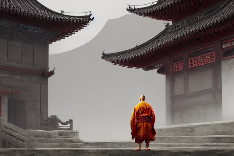 Image similar to a monkey dressed as a shaolin monk, standing in front of an ancient chinese palace, cinematic, dramatic lighting, digital art, artstation, greg rutkowski