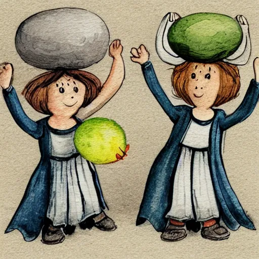 Image similar to two orphans with hats and middle ages simple clothes, holding eggs with their arms, running from a flying angry chicken, illustration for children, bright faded watercolor on grainy paper,. accurate anatomy. symmetry.