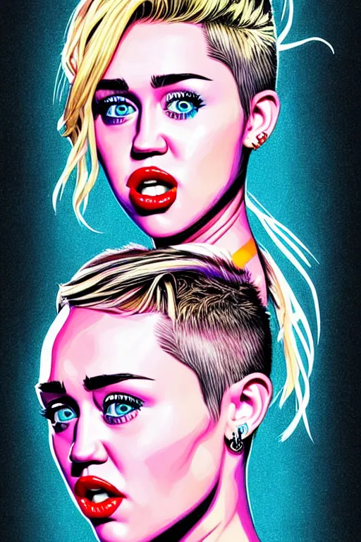 Prompt: a portrait of miley cyrus, drawn by robbie trevino and dan mumford, poster, digital art, comic art, concept art,, single head, no double head,